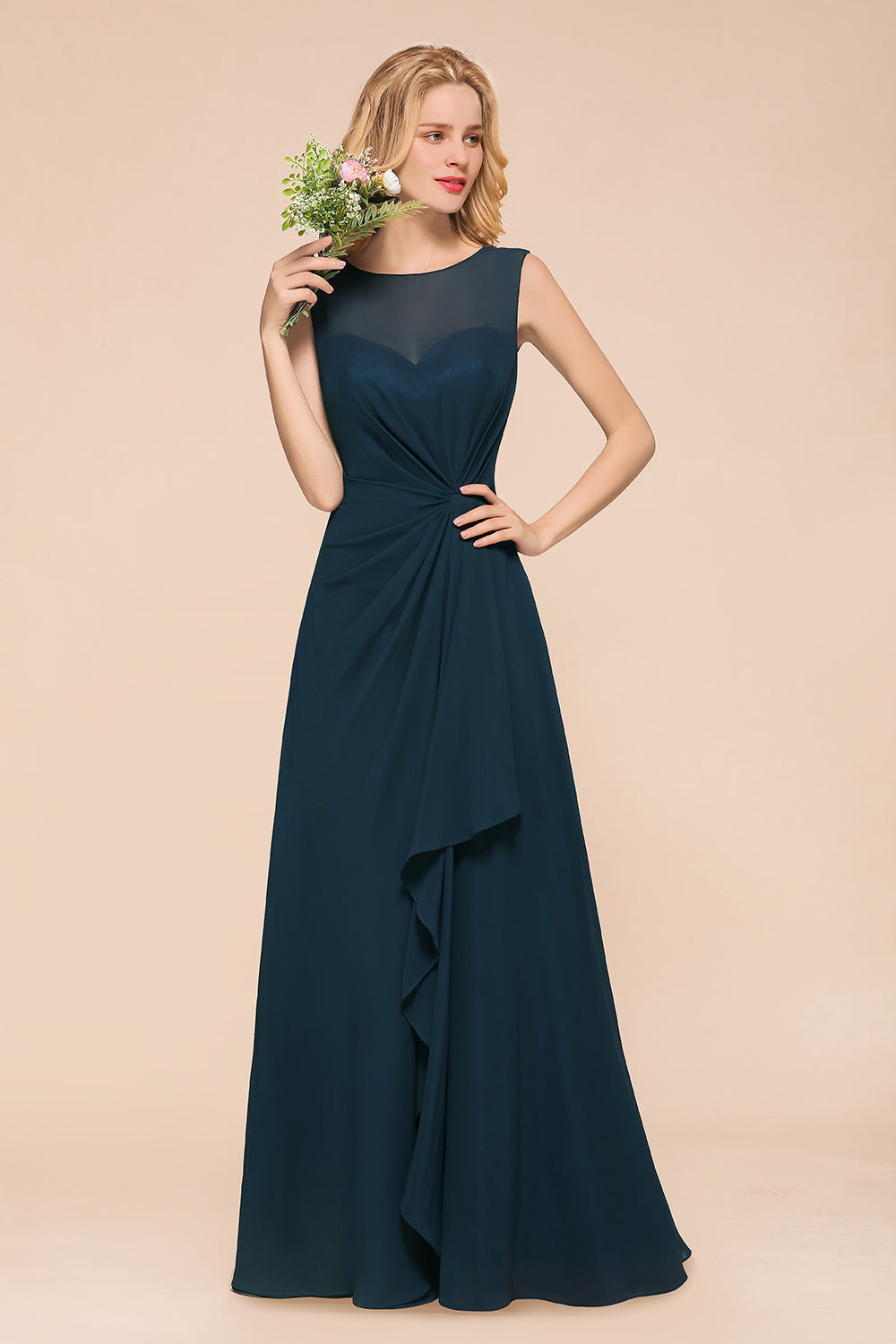 Chic Long A-line Bateau Chiffon Bridesmaid Dresses With Ruched – BIZTUNNEL