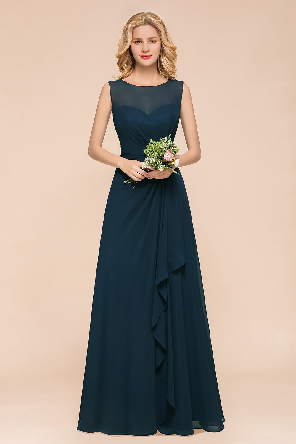 Chic Long A-line Bateau Chiffon Bridesmaid Dresses With Ruched-BIZTUNNEL