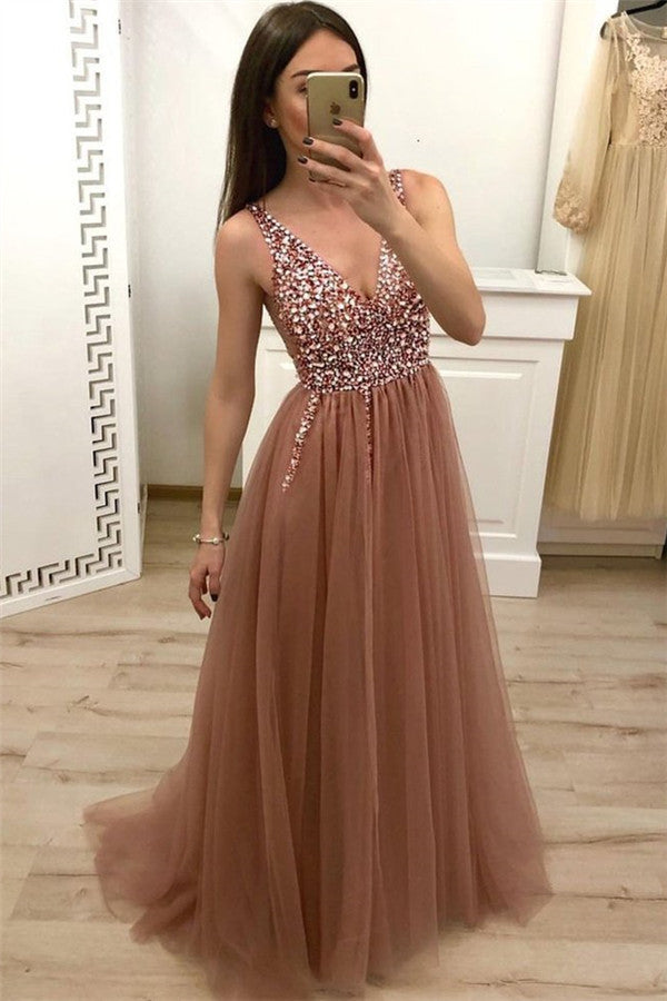 Chic Long A-line Sequined Tulle Backless Prom Dress-BIZTUNNEL