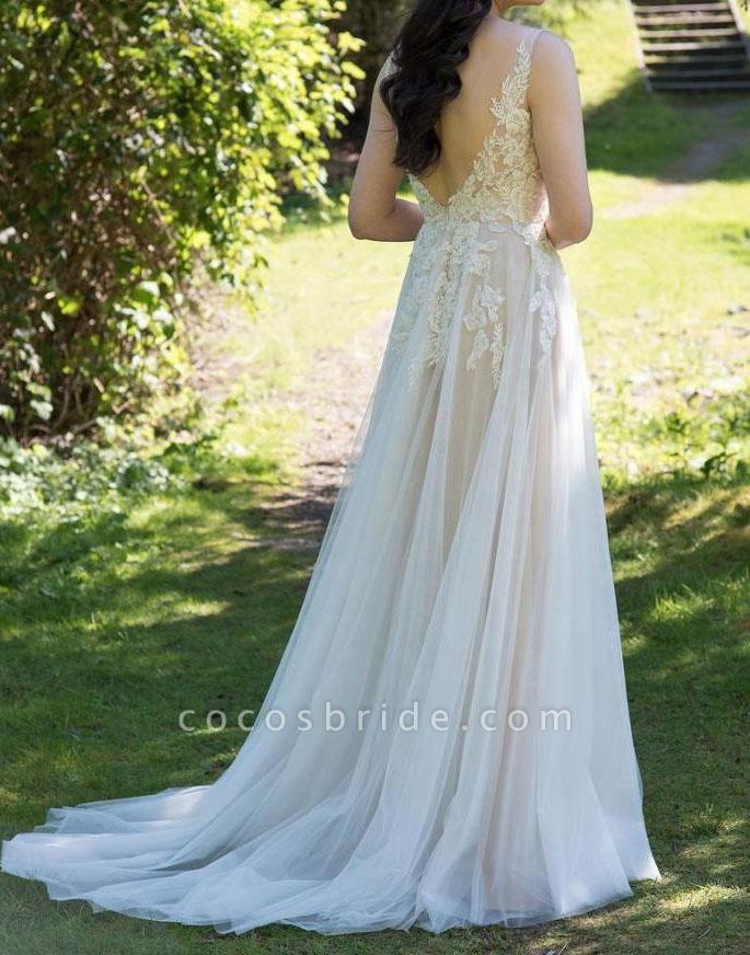 Carregar imagem no visualizador da galeria, Chic Long A line V neck Appliques Lace Tulle Wedding Dress-BIZTUNNEL
