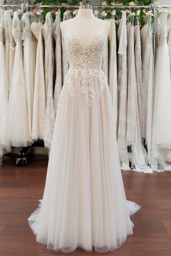 Carregar imagem no visualizador da galeria, Chic Long A line V neck Appliques Lace Tulle Wedding Dress-BIZTUNNEL
