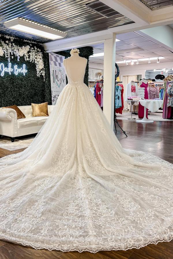 Chic Long A-line V-neck Floral Lace Open Back Wedding Dresses-BIZTUNNEL