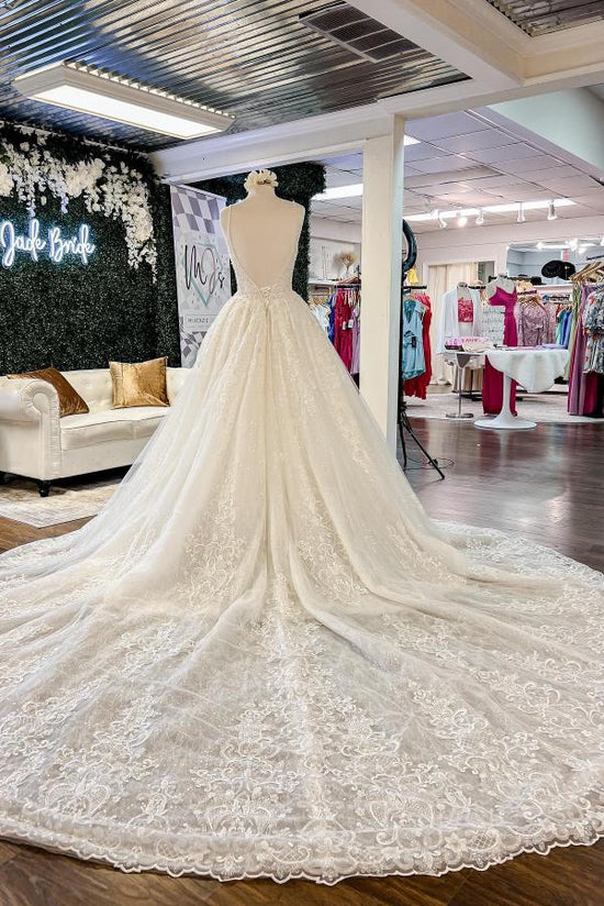 Chic Long A-line V-neck Floral Lace Open Back Wedding Dresses-BIZTUNNEL