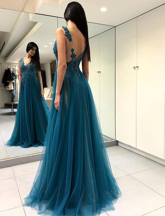 Chic Long A-line V-neck Tulle Backless Prom Dress with Slit-BIZTUNNEL
