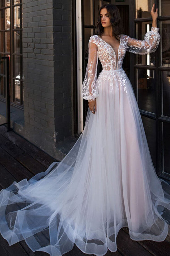 Chic Long A-line V-neck Tulle Lace Chapel Train Wedding Dress with Sleeves-BIZTUNNEL