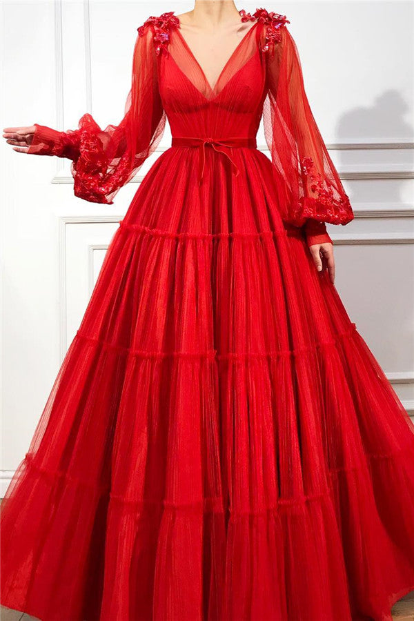 Chic Long A-line V-neck Tulle Red Prom Dress with Sleeves-BIZTUNNEL