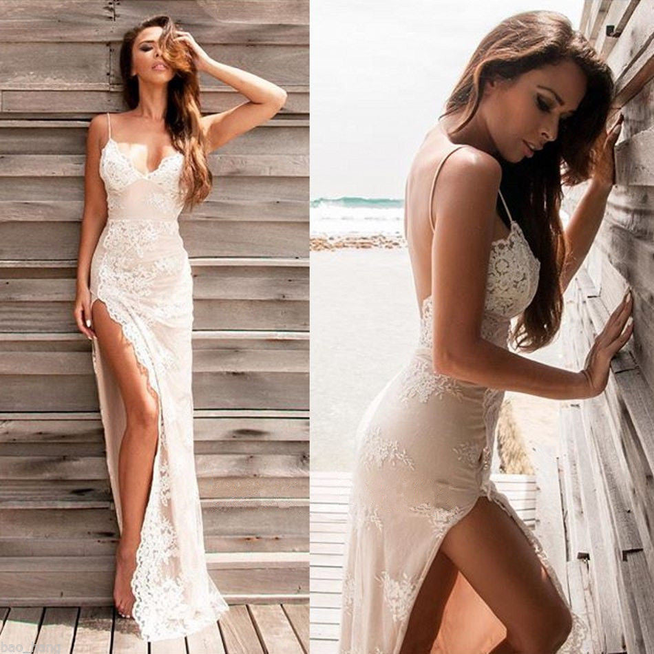 Chic Long Column Straps Lace Backless Prom Dress with Slit Chic Long Column Straps Lace Backless Prom Dress with Slit