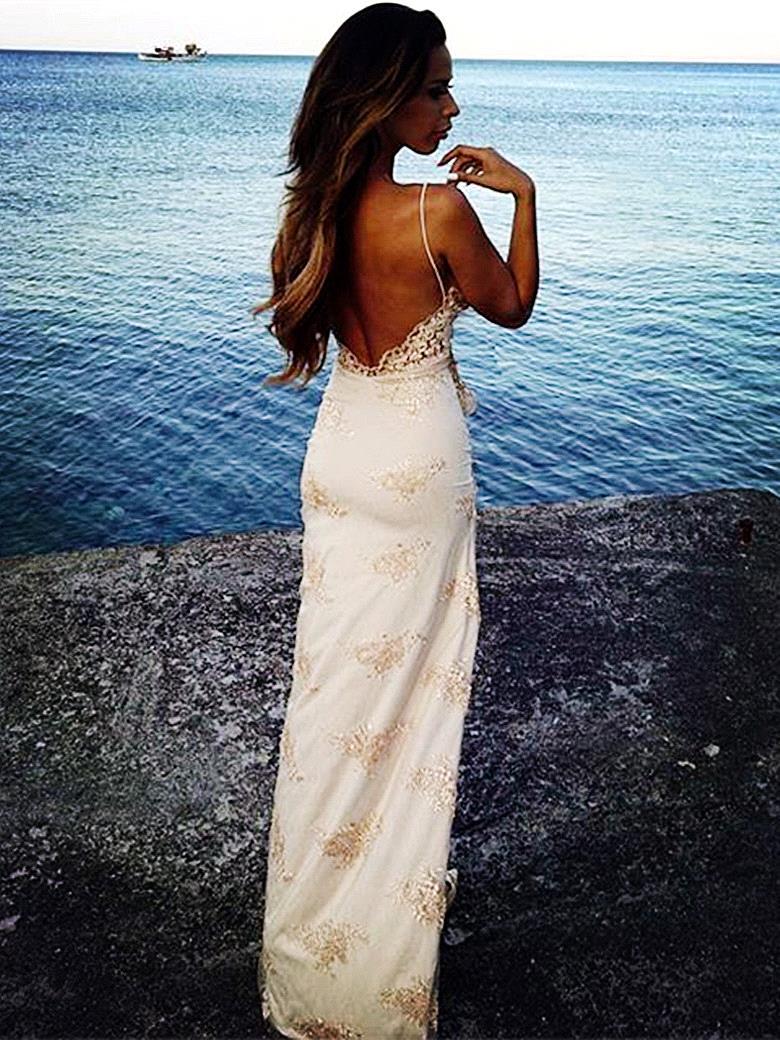 Chic Long Column Straps Lace Backless Prom Dress with Slit-BIZTUNNEL
