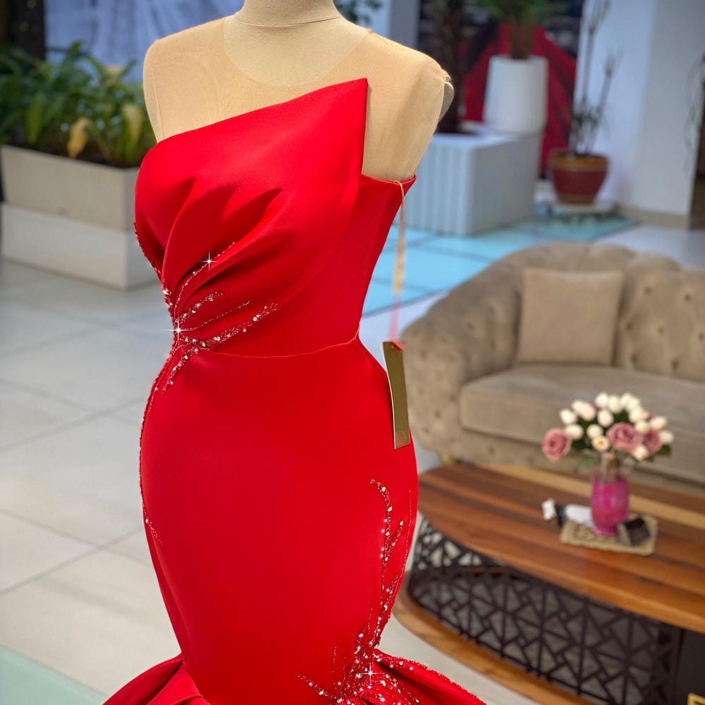 
                  
                    Chic Long Mermaid Bateau Satin Red Prom Dress-BIZTUNNEL
                  
                