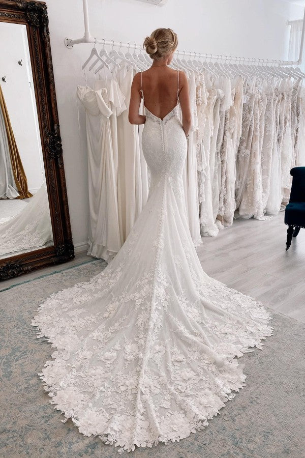 Charger l&amp;#39;image dans la galerie, Chic Long Mermaid Sweetheart Sleeveless Spaghetti Straps Lace Backless Wedding Dresses-BIZTUNNEL
