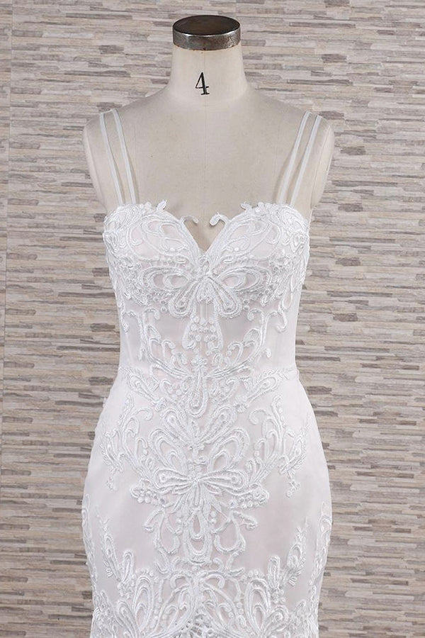 Chic Long Mermaid Sweetheart Spaghetti Strap Appliques Lace Wedding Dress-BIZTUNNEL