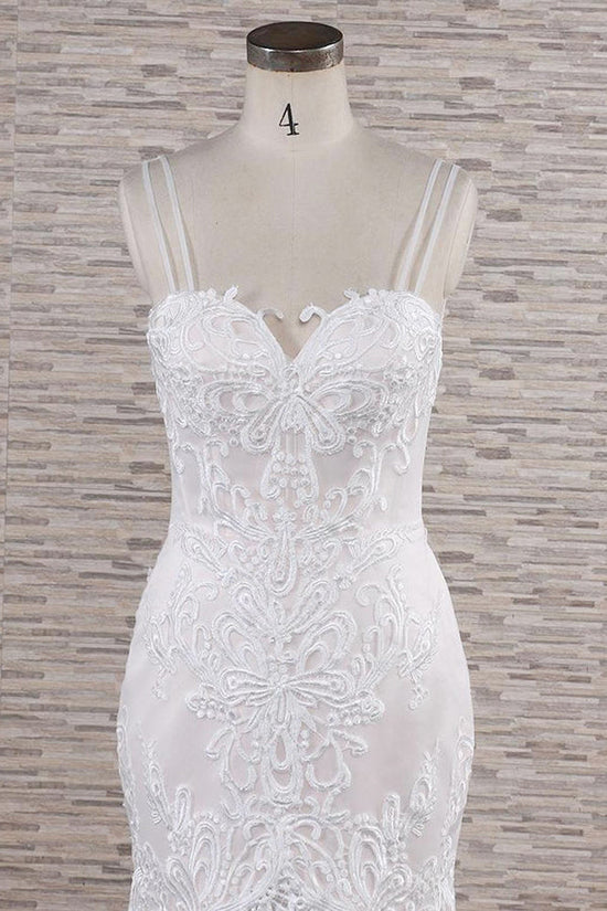 Chic Long Mermaid Sweetheart Spaghetti Strap Appliques Lace Wedding Dress-BIZTUNNEL
