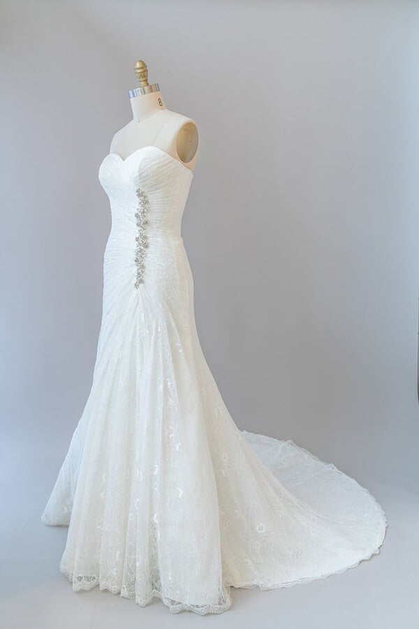 Chic Long Sheath Strapless Ruffle Lace Wedding Dress-BIZTUNNEL