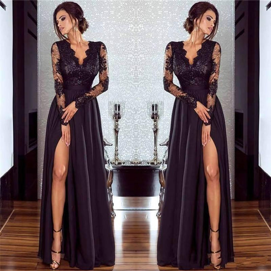 Chic Long Sleeves A-line V-neck Chiffon Lace Prom Dress with Slit-BIZTUNNEL