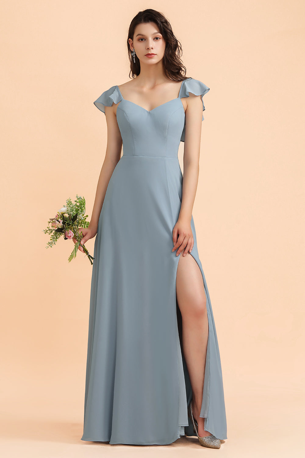 Chic Long Sweetheart A-Line Chiffon Bowknot Backless Bridesmaid Dress With Slit-BIZTUNNEL