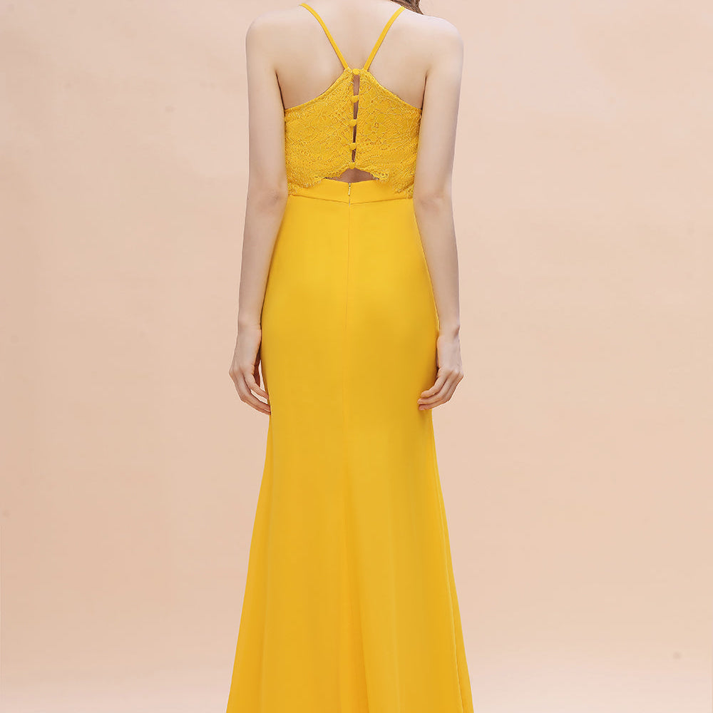 Chic Long V-neck Chiffon Backless Yellow Bridesmaid Dress Chic Long V-neck Chiffon Backless Yellow Bridesmaid Dress