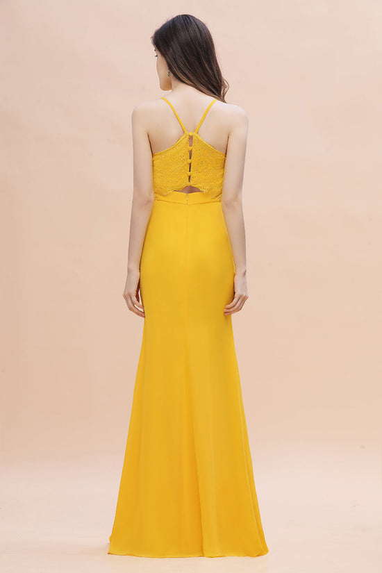 Load image into Gallery viewer, Chic Long V-neck Chiffon Backless Yellow Bridesmaid Dress-BIZTUNNEL
