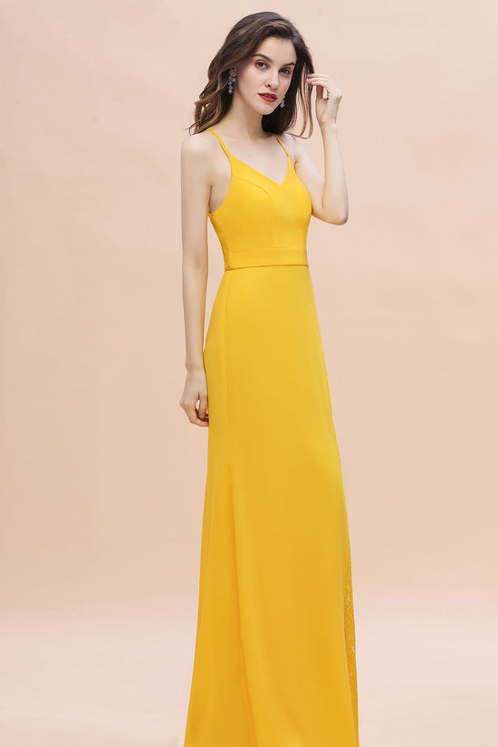 Load image into Gallery viewer, Chic Long V-neck Chiffon Backless Yellow Bridesmaid Dress-BIZTUNNEL
