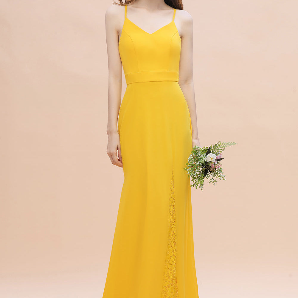 Chic Long V-neck Chiffon Backless Yellow Bridesmaid Dress BIZTUNNEL Chic Long V-neck Chiffon Backless Yellow Bridesmaid Dress BIZTUNNEL