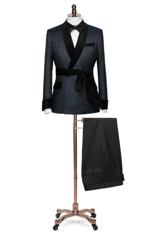 Aubrey Chic Navy Blue Shawl Lapel Two Pieces Jacquard Wedding Suits