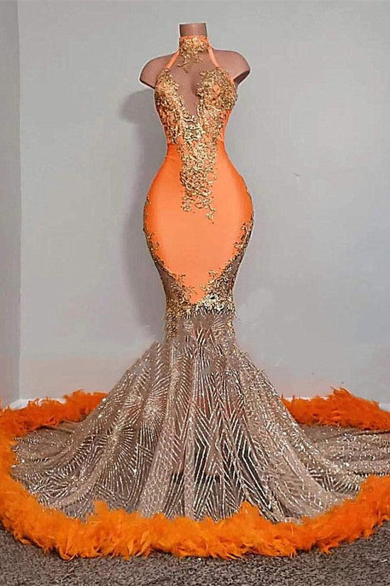 Chic Orange Long Mermaid Halter Sleeveless Tulle Prom Dress-BIZTUNNEL