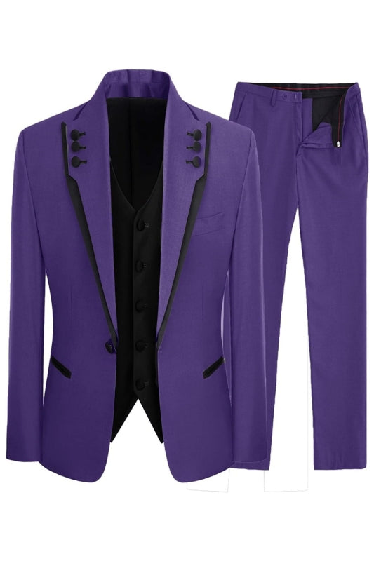 Jerry Chic Purple Shawl Lapel Three Pieces Men Suits For Prom