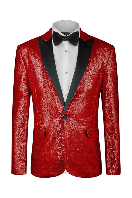 Elvis Chic Red Peaked Lapel Two Pieces Sequins Prom Suits