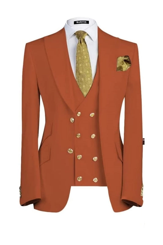Bruce Chic Rust Red Three Pieces Peaked Lapel Prom Suits For Men