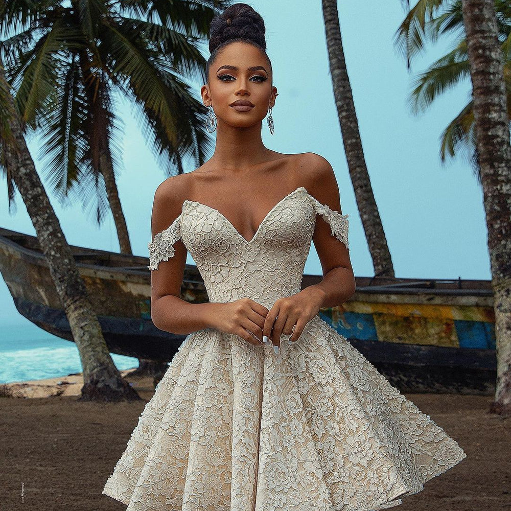 Chic Short A-Line Off-The-Shoulder Lace Wedding Dress Chic Short A-Line Off-The-Shoulder Lace Wedding Dress