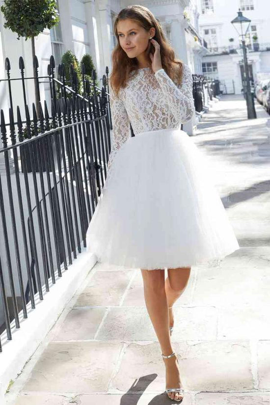 Charger l&amp;#39;image dans la galerie, Chic Short A-line Tulle Jewel Lace Wedding Dress with Sleeves-BIZTUNNEL
