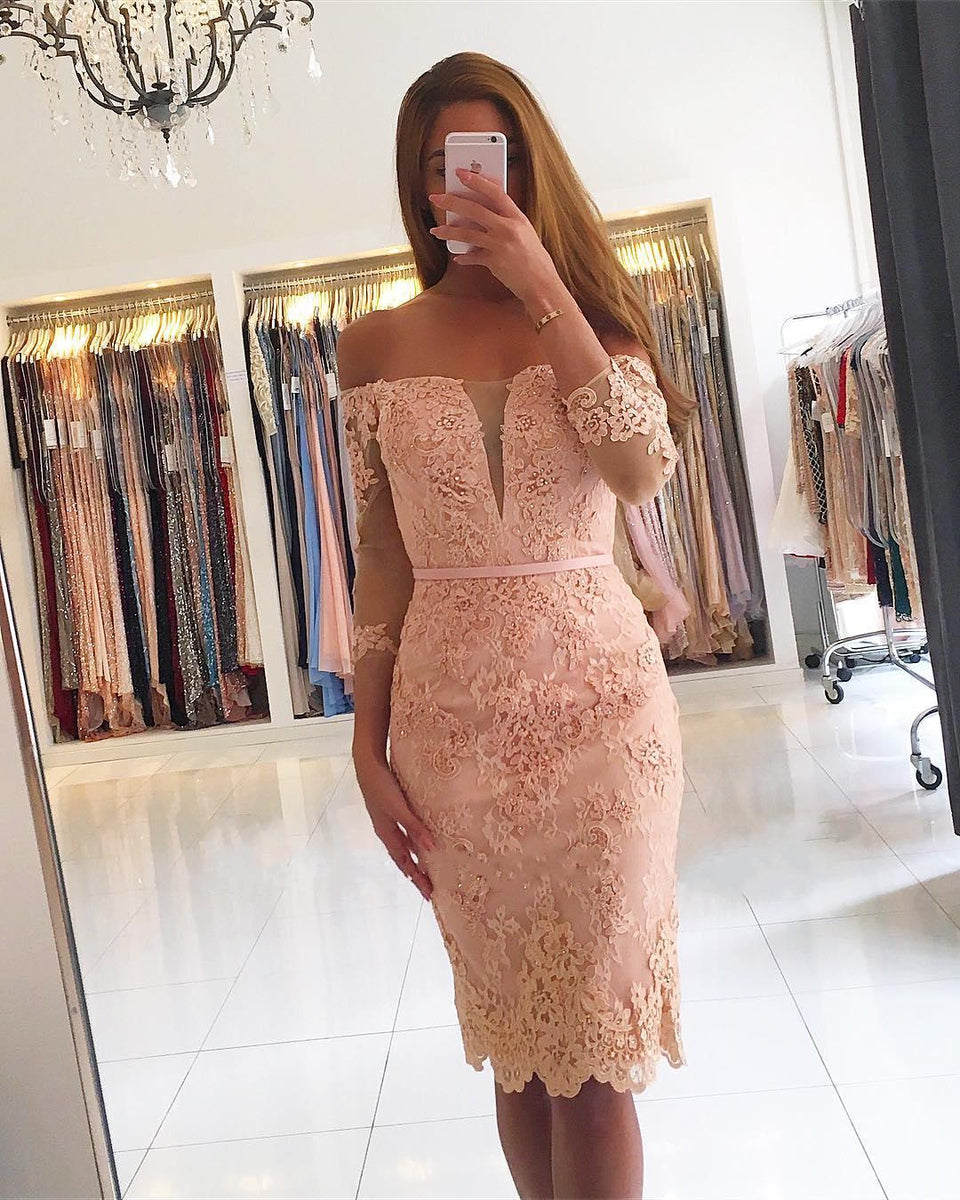 Chic Short Mermaid Off-the-shoulder Lace Prom Dress with Sleeves ...