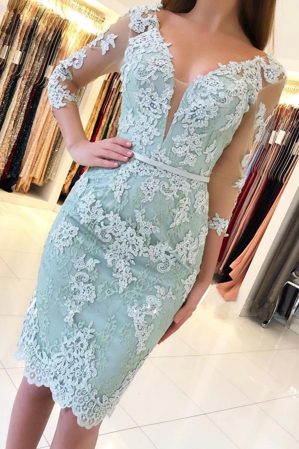 Chic Short Mermaid Off-the-shoulder Lace Prom Dress with Sleeves-BIZTUNNEL