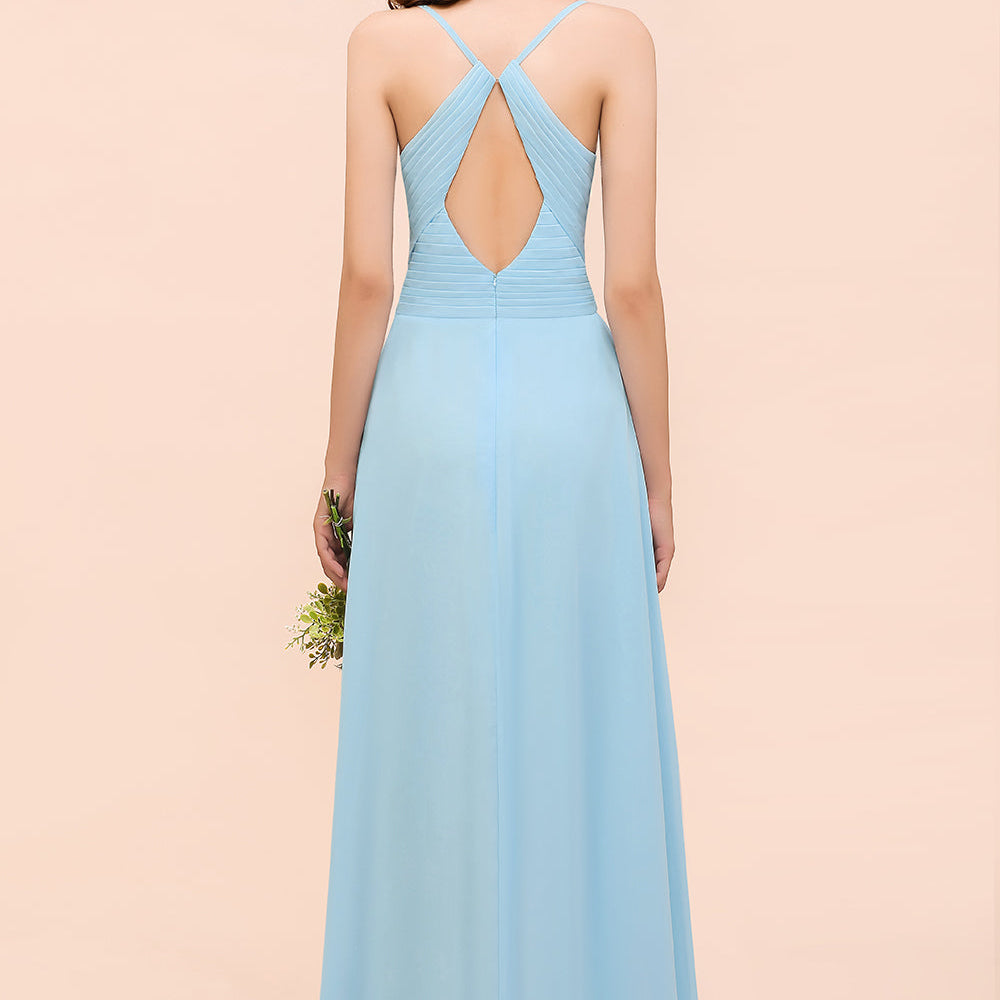 Chic Sky Blue Sweetheart Spaghetti Straps Chiffon Long Bridesmaid Dress with Ruffle
