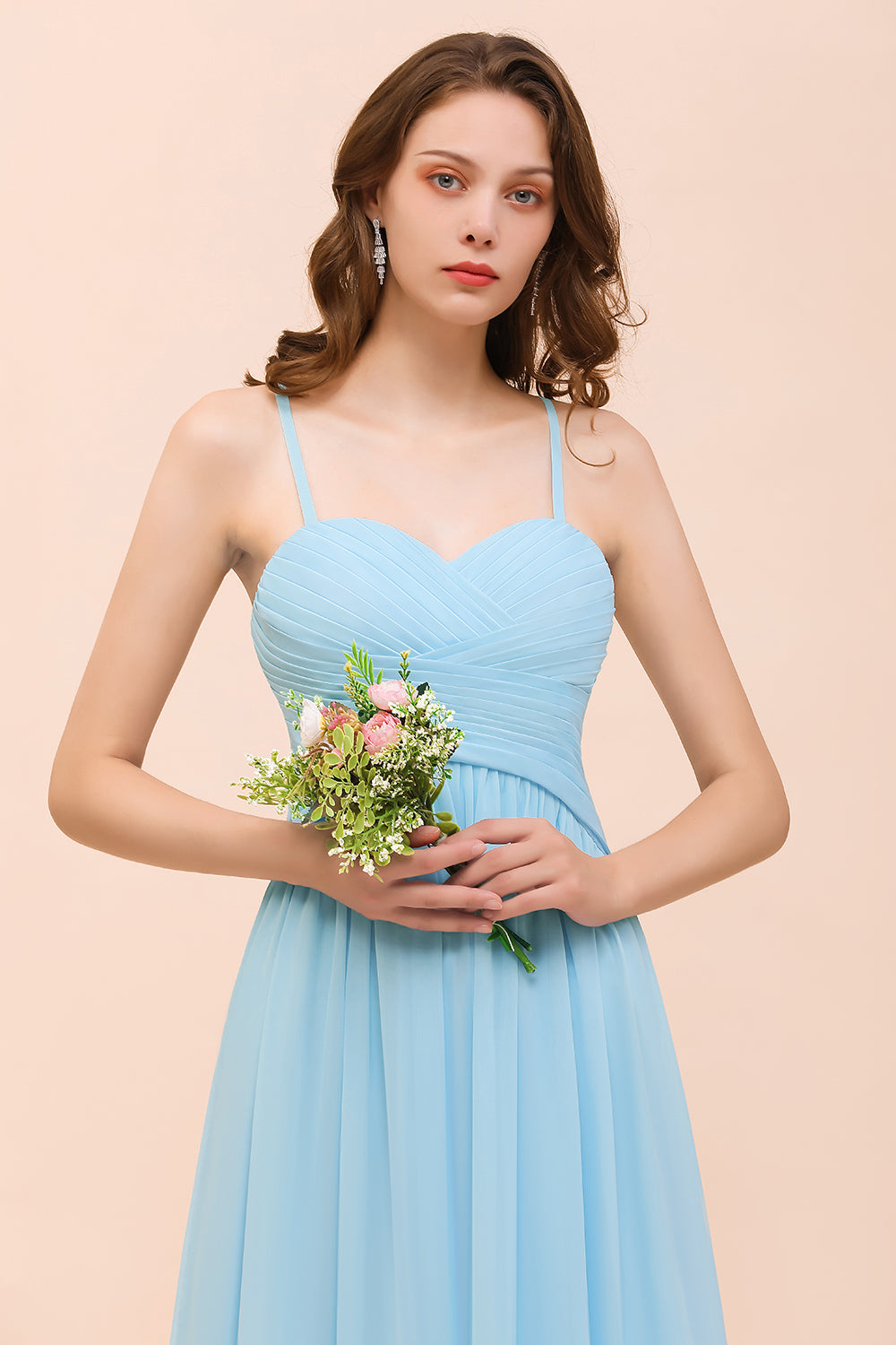Chic Sky Blue Sweetheart Spaghetti Straps Chiffon Long Bridesmaid Dress with Ruffle-BIZTUNNEL
