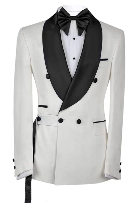 Lee Chic White Double Breasted Wedding Suits With Black Shawl Lapel