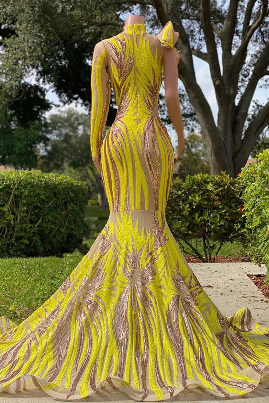 Chic Yellow Long Mermaid High Neck Tulle Lace Prom Dress with Sleeves-BIZTUNNEL