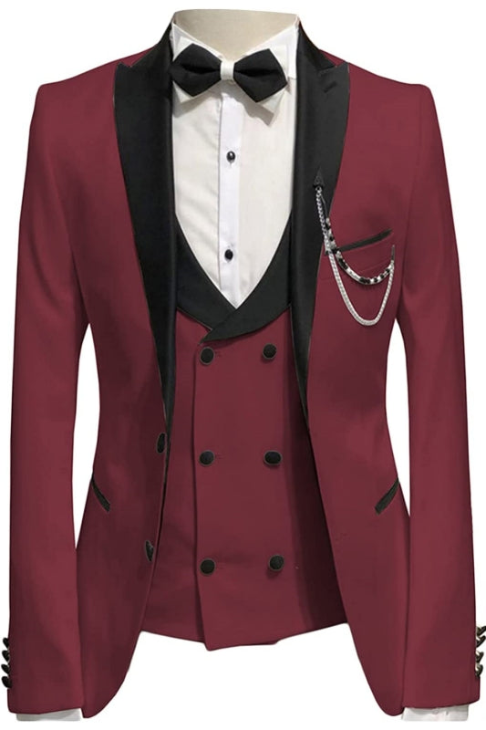 Morris Classic Burgundy Peaked Lapel Three Pieces Prom Suits
