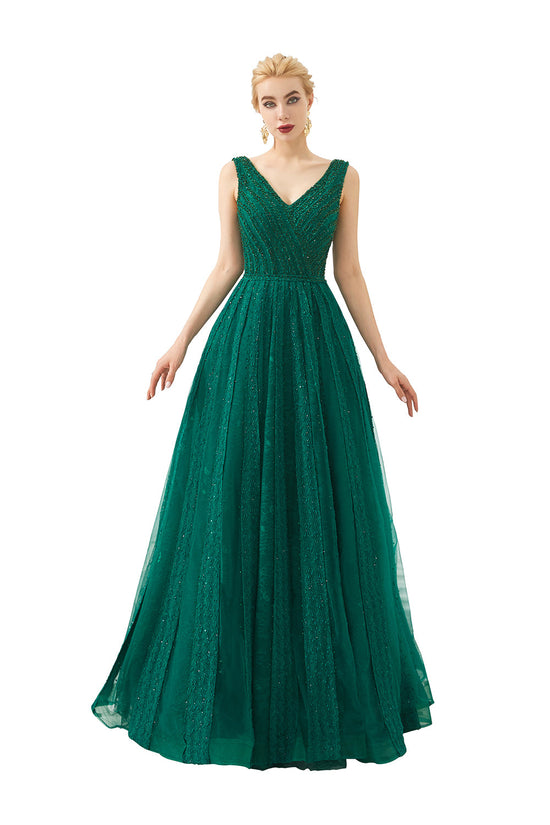 Classic Long A-line V-neck Tulle Prom Dress-BIZTUNNEL