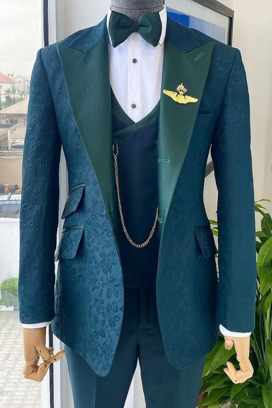 Alexander Classic Ocean Blue Peaked Lapel Three Pieces Jacquard Prom Suits
