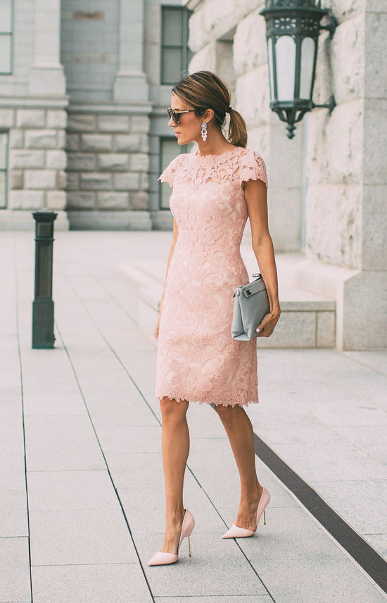Classic Pink Short Sheath Lace Prom Dress with Sleeves-BIZTUNNEL