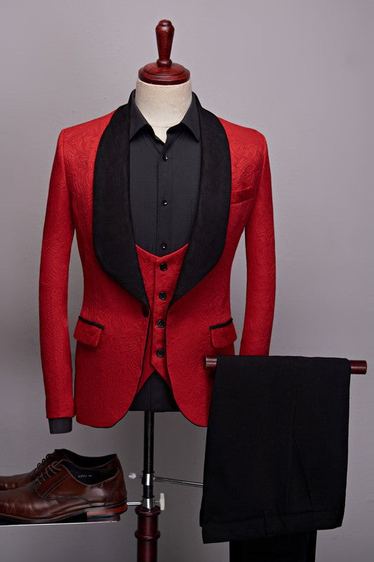 Classical Red Jacquard One Button Three Pieces Wedding Suits with Black Shawl Lapel