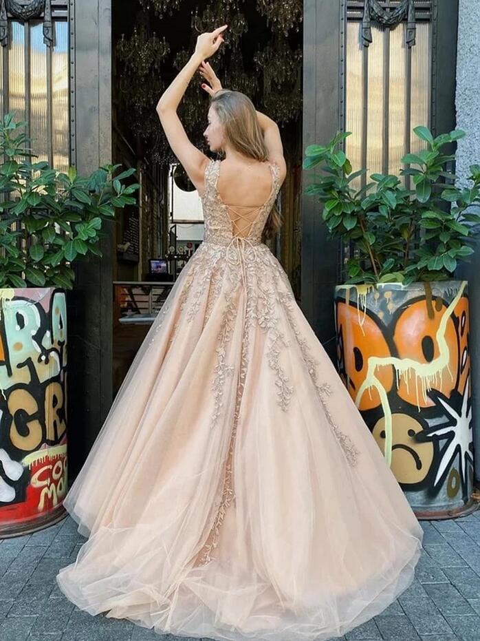 Classy Long A-line Bateau Appliques Lace Tulle Backless Prom Dress-BIZTUNNEL