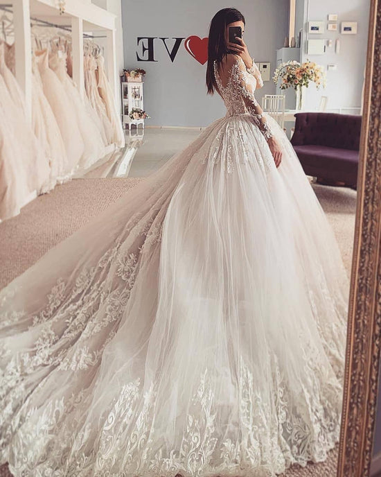 Classy Long A-Line Bateau Appliques Lace Tulle Wedding Dress with Slee ...