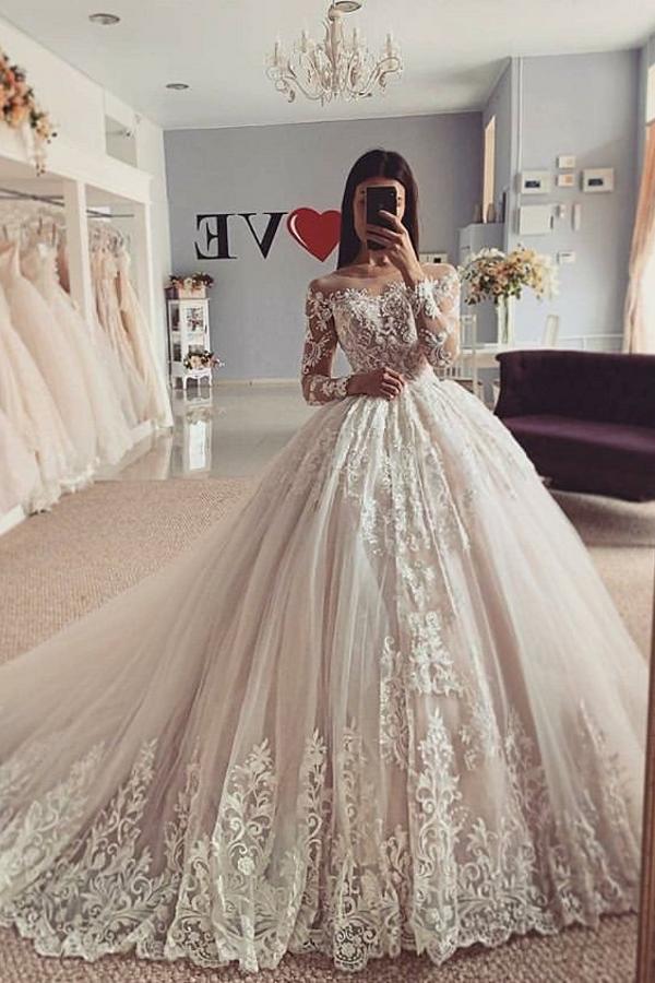 Classy Long A-Line Bateau Appliques Lace Tulle Wedding Dress with Sleeves-BIZTUNNEL