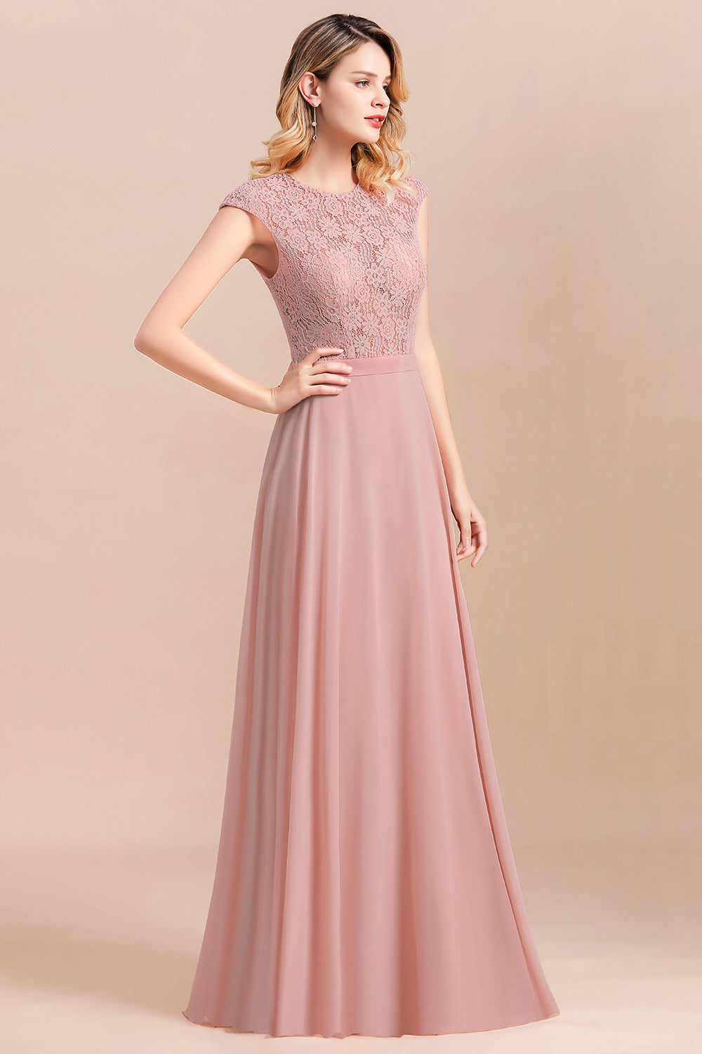 Classy Long A-Line Evening Dress Chiffon Bridesmaid Dress with Lace-BIZTUNNEL