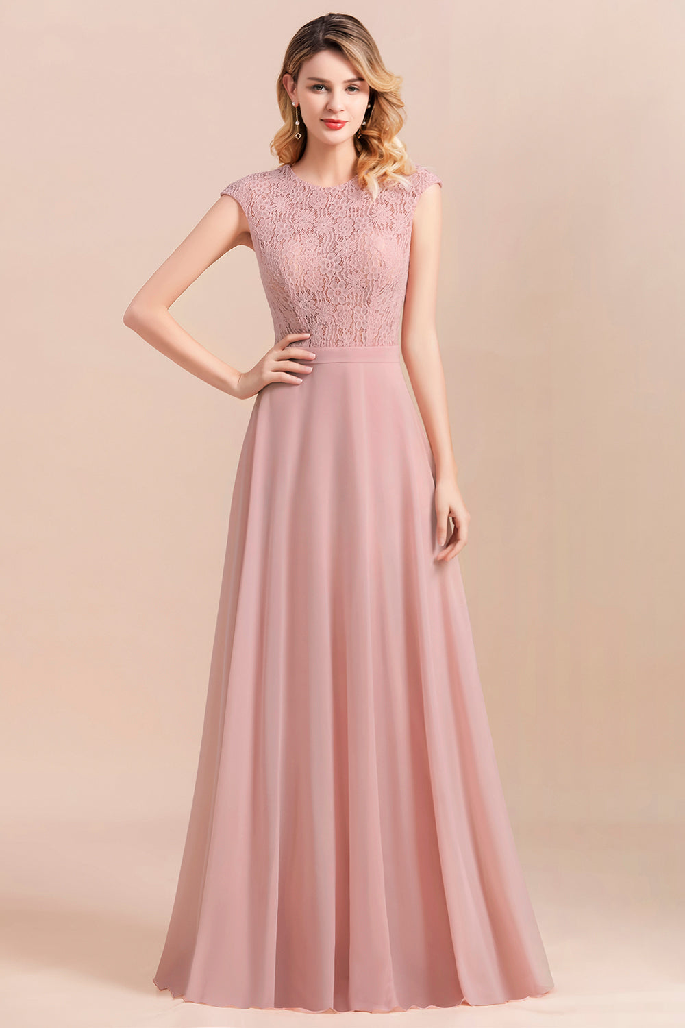 Classy Long A-Line Evening Dress Chiffon Bridesmaid Dress with Lace-BIZTUNNEL