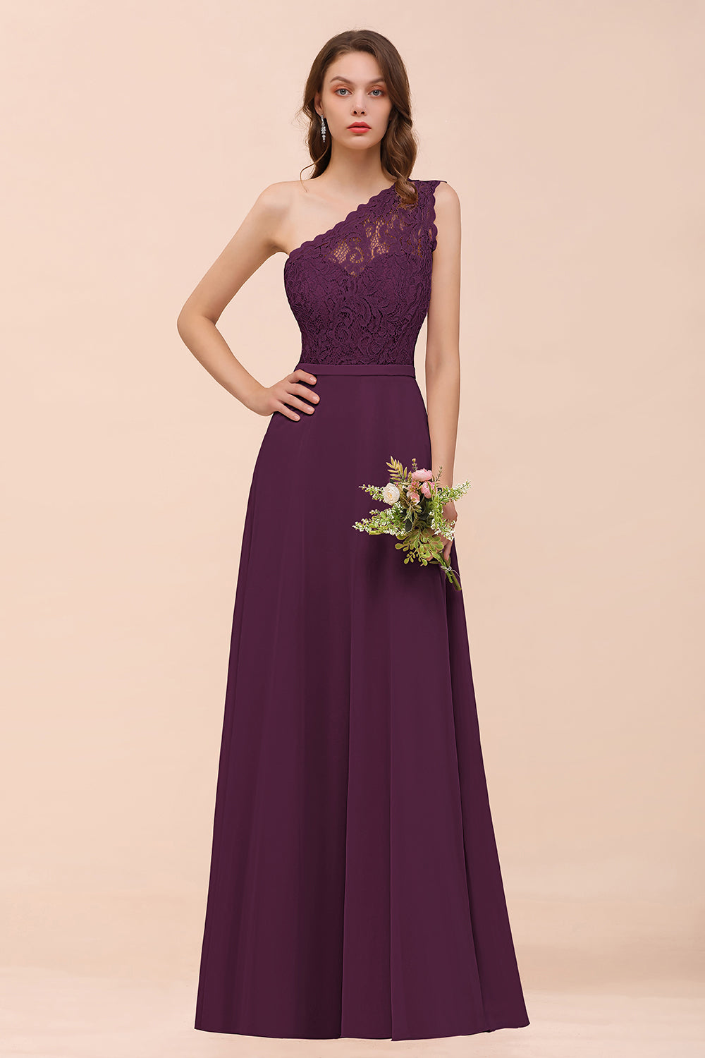 Load image into Gallery viewer, Classy Long A-Line One Shoulder Chiffon Bridesmaid Dress with Appliques Lace-BIZTUNNEL
