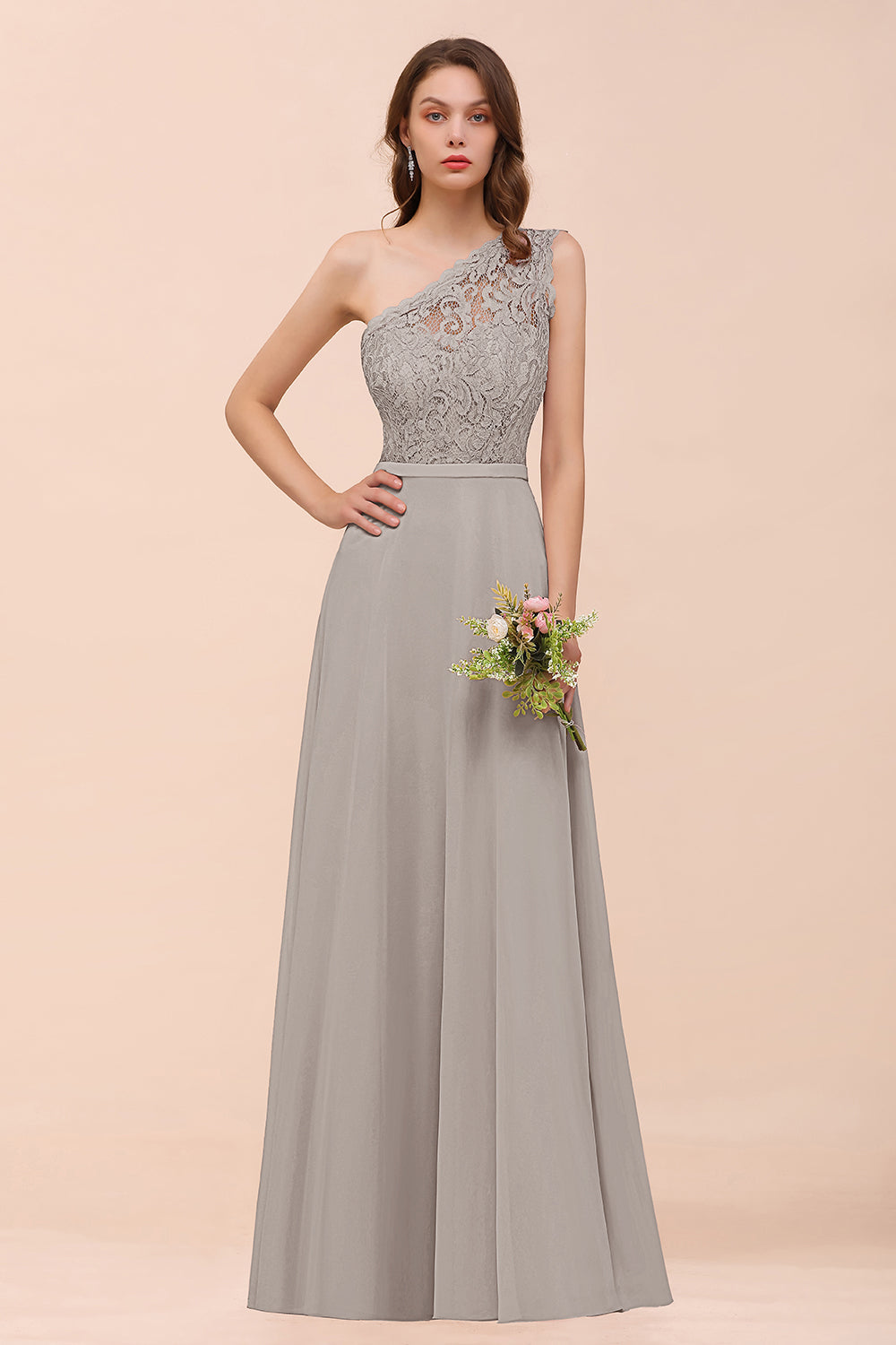 Laden Sie das Bild in den Galerie-Viewer, Classy Long A-Line One Shoulder Chiffon Bridesmaid Dress with Appliques Lace-BIZTUNNEL
