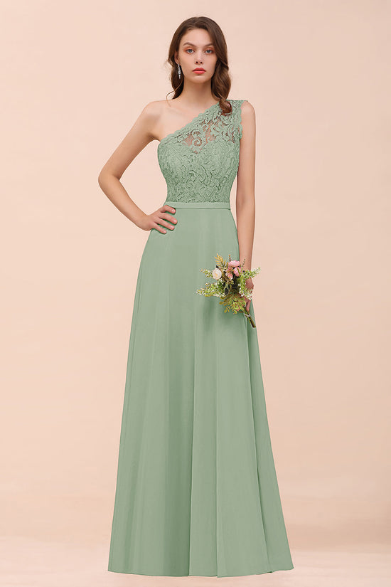 Load image into Gallery viewer, Classy Long A-Line One Shoulder Chiffon Bridesmaid Dress with Appliques Lace-BIZTUNNEL
