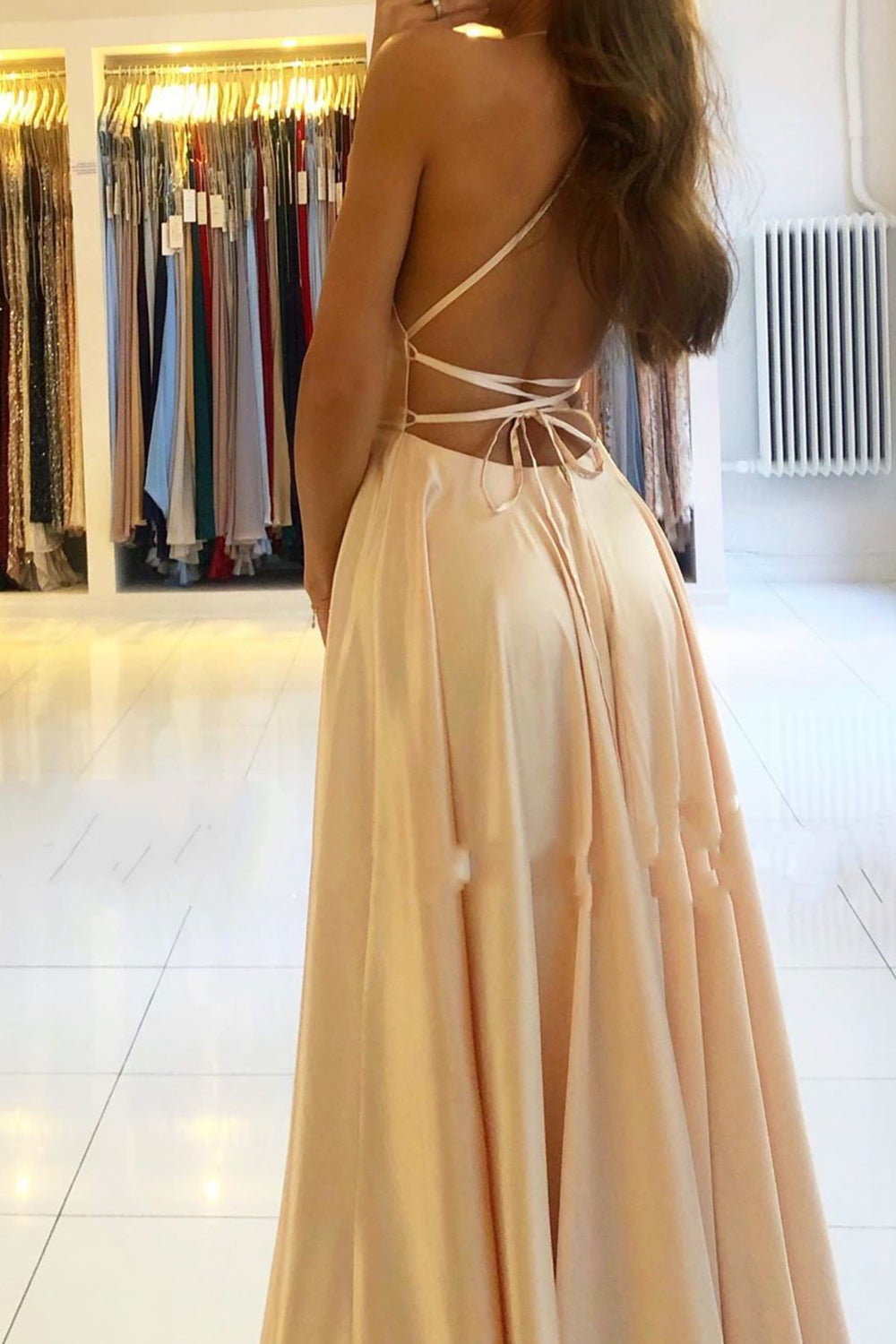 Classy Long A-line Satin Open Back Prom Dress with Slit-BIZTUNNEL